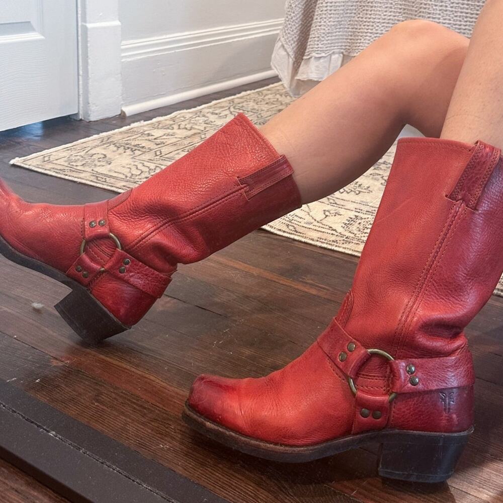 Frye Red Leather Mid-Calf Heeled Boots